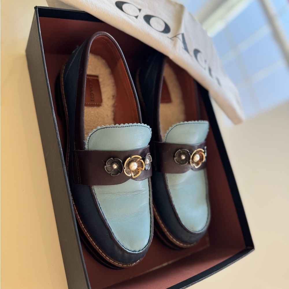 Coach Blue and Brown Leather Loafers with Gold Hardware